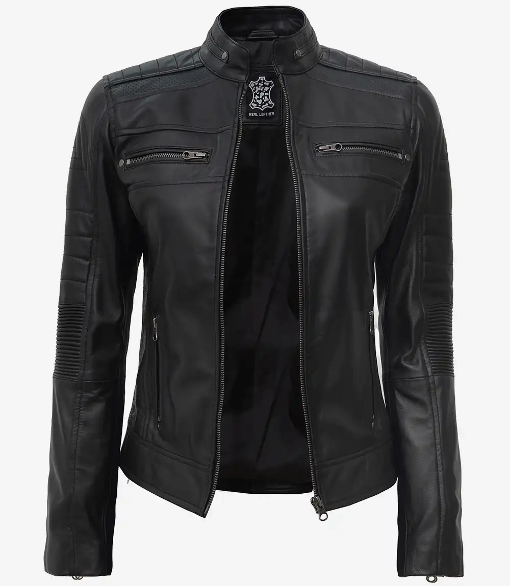 Women's Black Cafe Racer Real Lambskin Leather Jacket - Image 3
