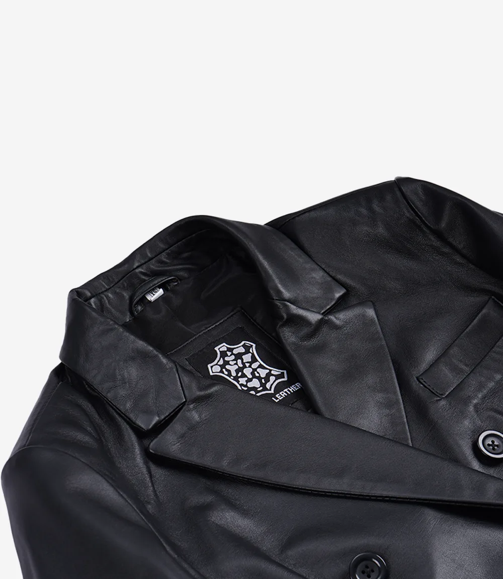 Women's Black Cropped Double Breasted Lambskin Leather Jacket - Image 3
