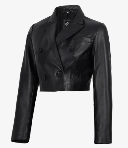 Women's Black Cropped Double Breasted Lambskin Leather Jacket