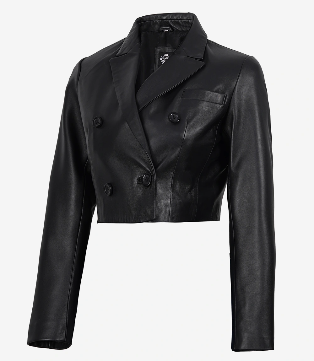 Women's Black Cropped Double Breasted Lambskin Leather Jacket