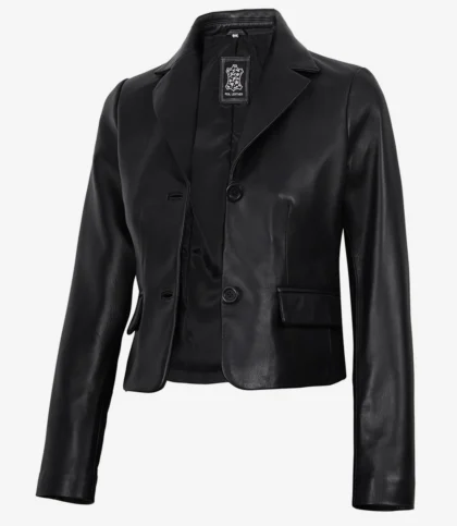Women's Black Two Button Leather Cropped Jacket - Short Blazer Style