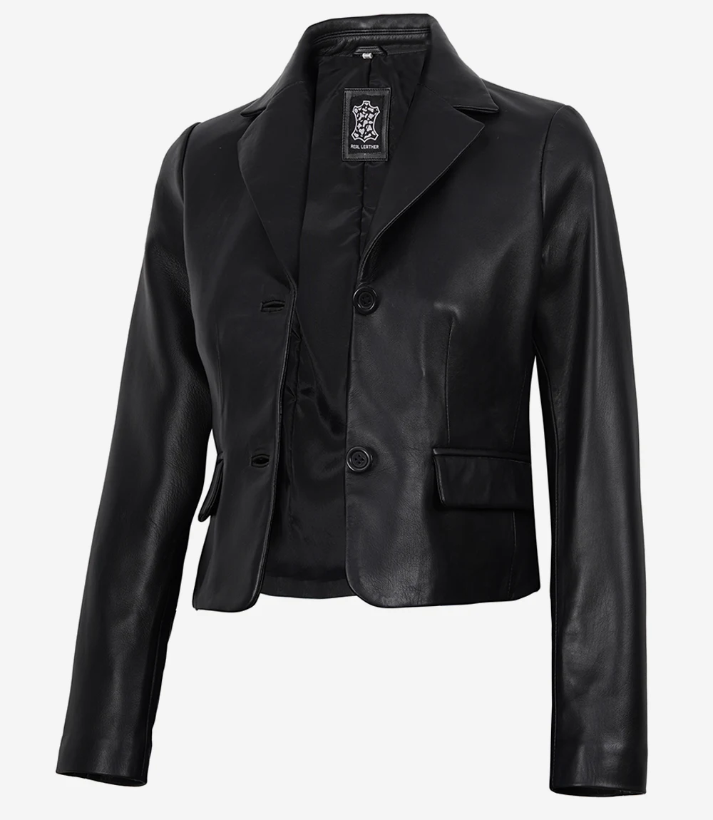 Women's Black Two Button Leather Cropped Jacket - Short Blazer Style