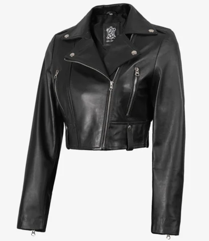 Women's Black Cropped Lambskin Leather Biker Jacket — Asymmetric Zip