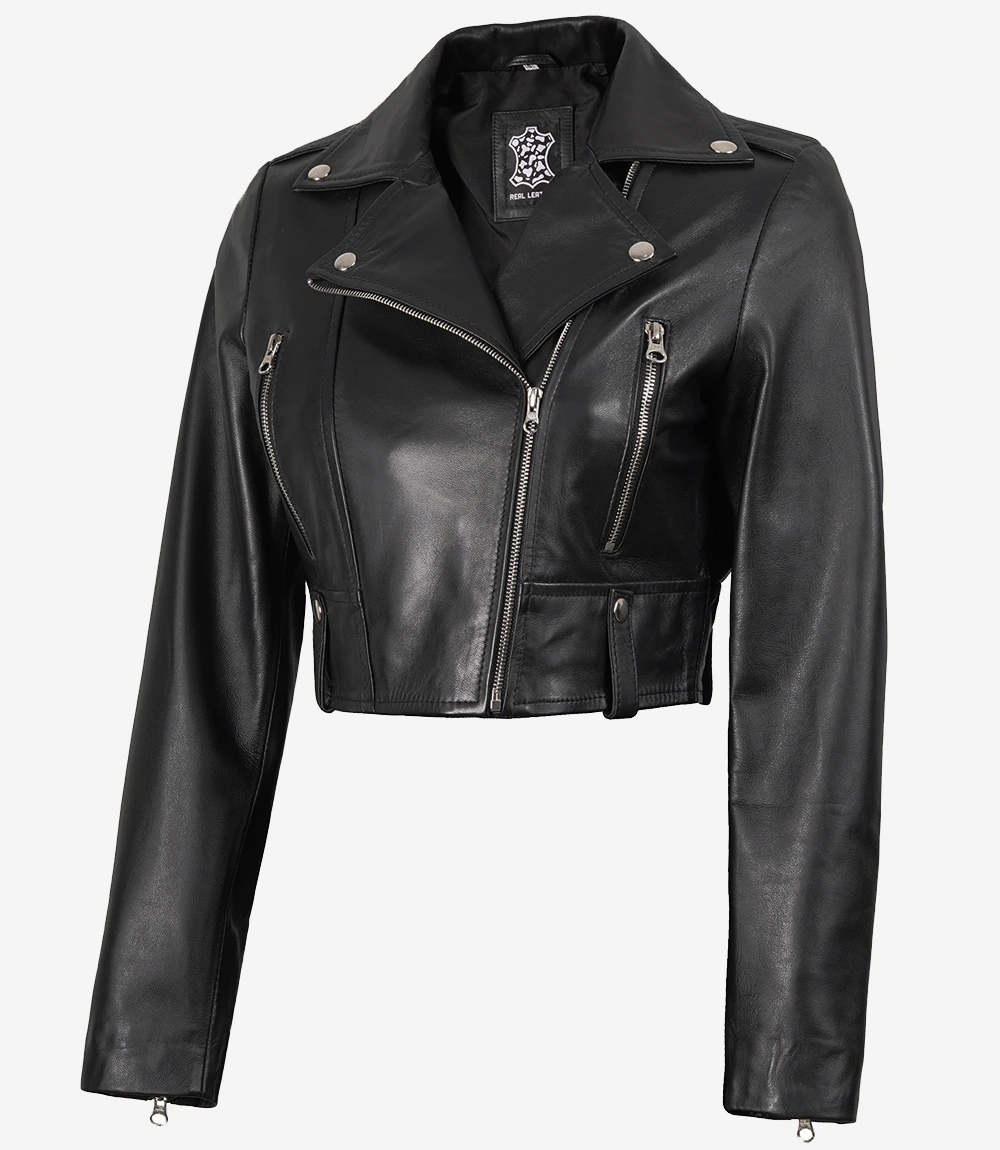 Women's Black Cropped Lambskin Leather Biker Jacket — Asymmetric Zip
