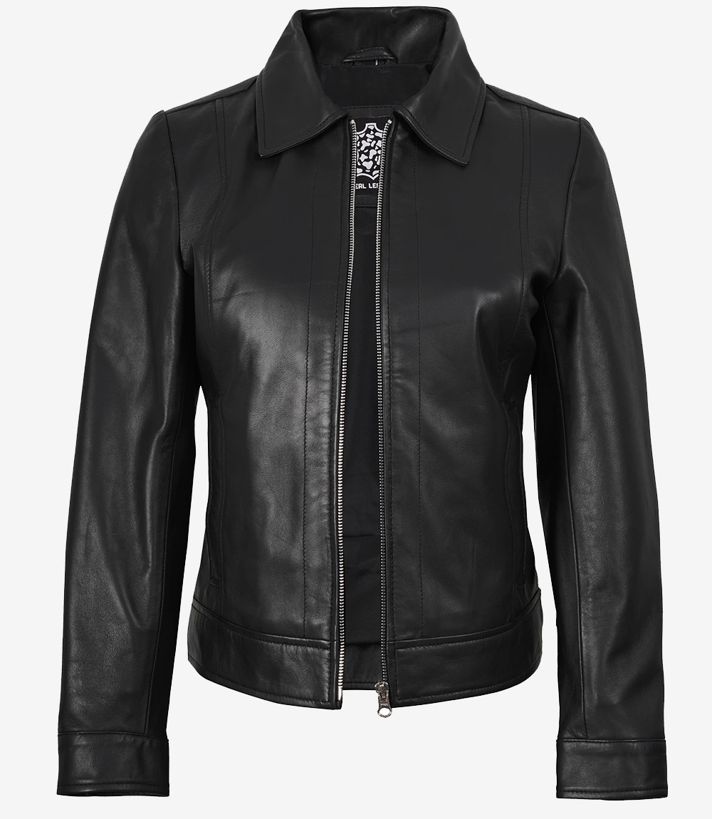Women's Harrington Style Black Leather Jacket - Image 3
