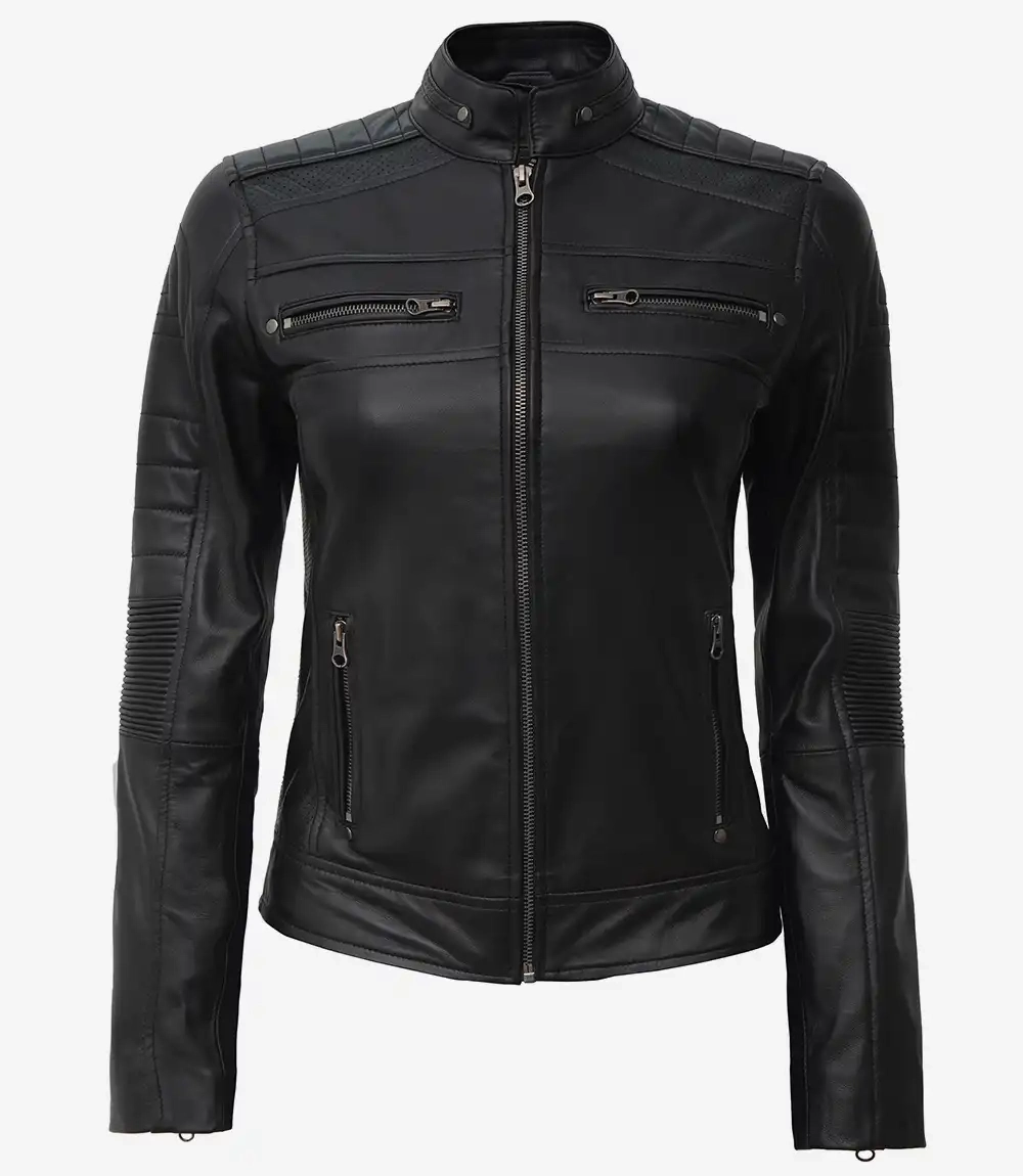 Women's Black Cafe Racer Real Lambskin Leather Jacket - Image 4