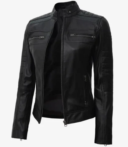 Women's Black Cafe Racer Real Lambskin Leather Jacket