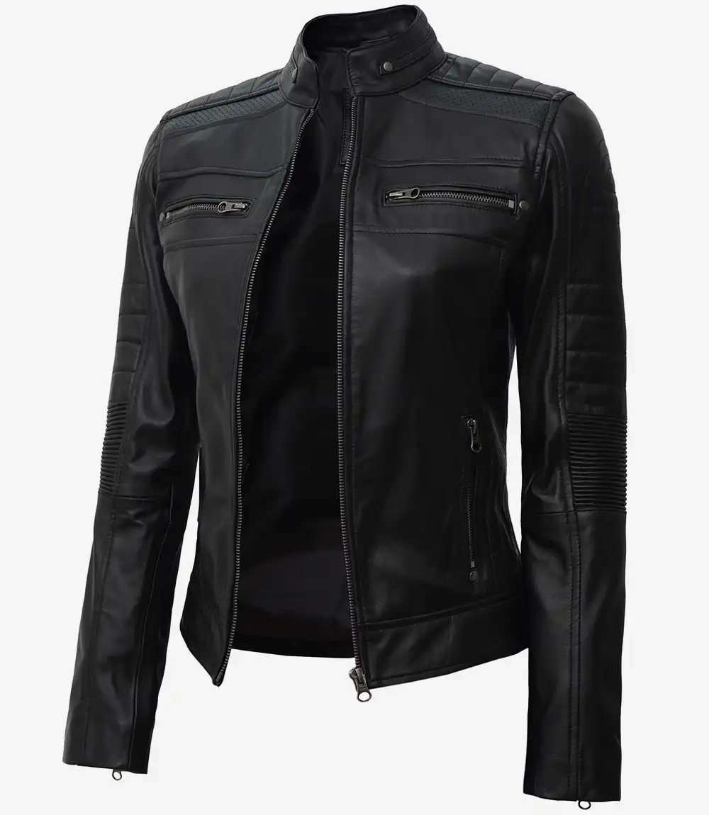 Women's Black Cafe Racer Real Lambskin Leather Jacket