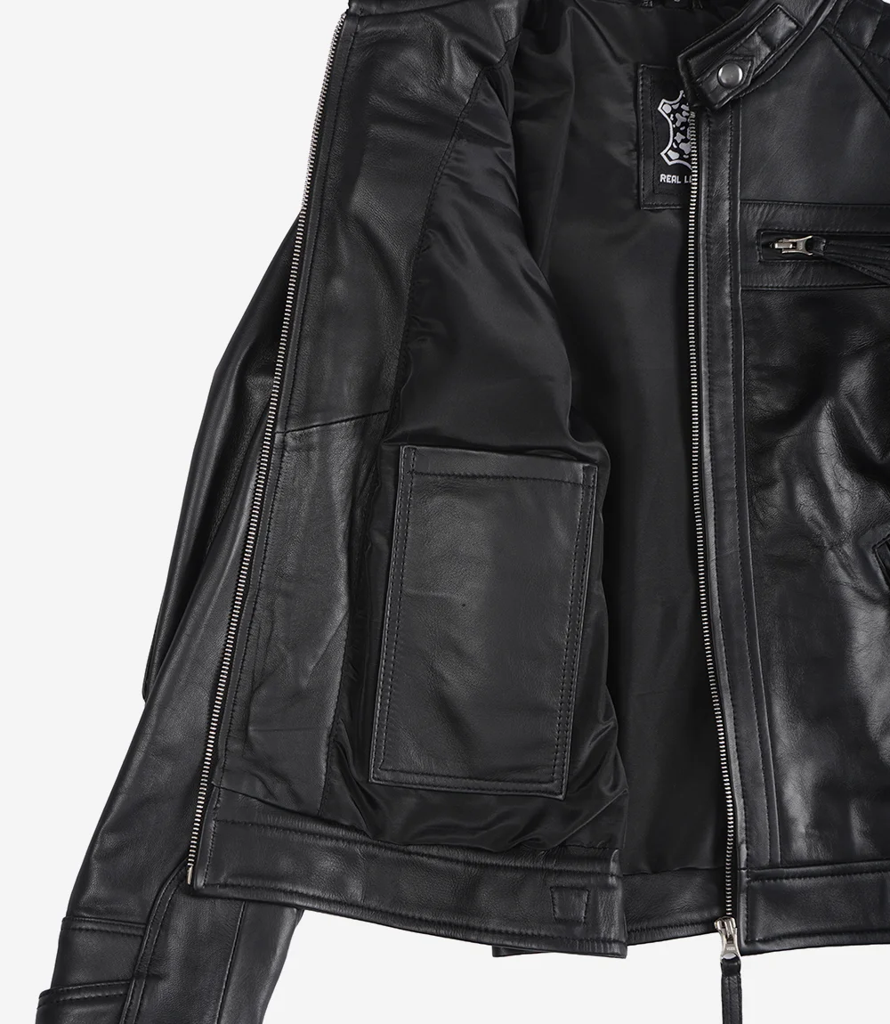 Women Black Quilted Cafe Racer Leather Jacket - Image 5