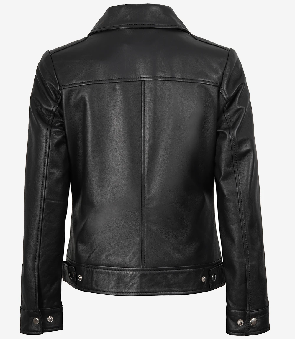 Women's Harrington Style Black Leather Jacket - Image 4