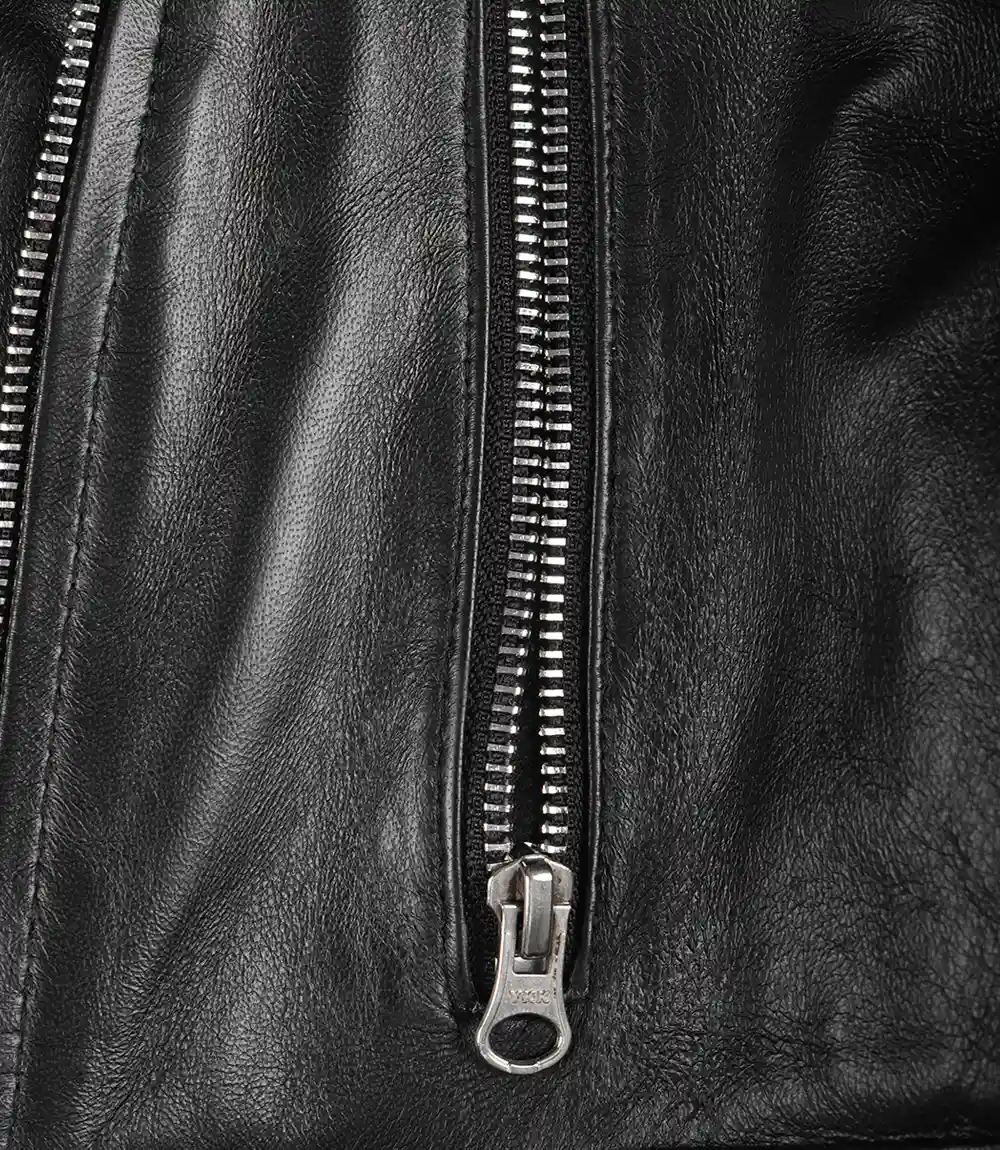 Women's Black Cropped Lambskin Leather Biker Jacket — Asymmetric Zip - Image 4