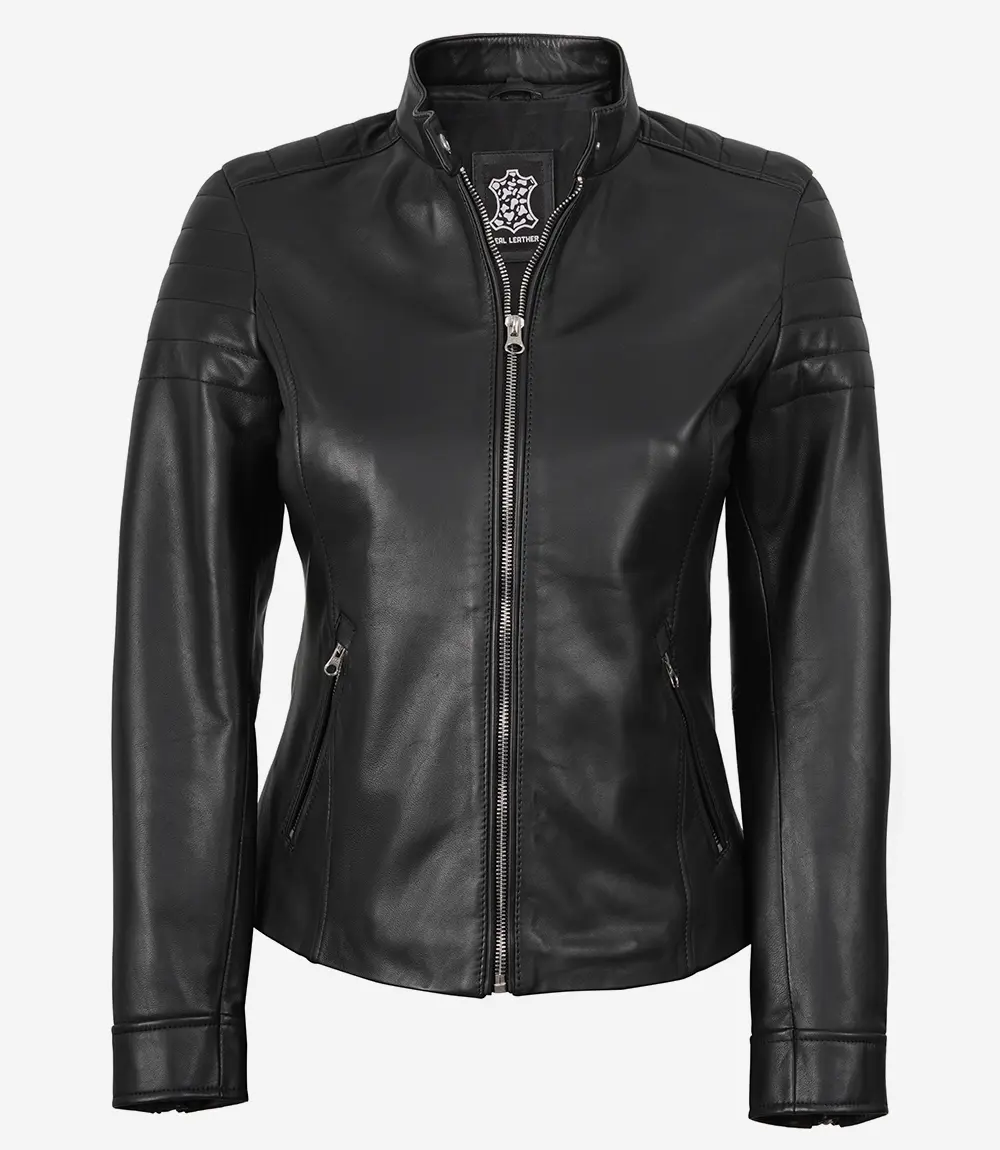 Women Cafe Racer Black Leather Jacket - Image 4