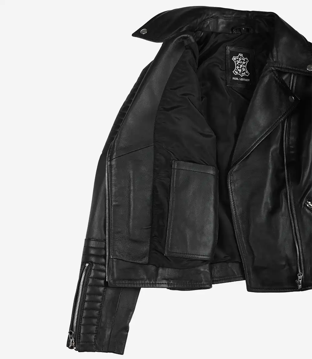Bari Black Women's Real Leather Biker Jacket - Image 7