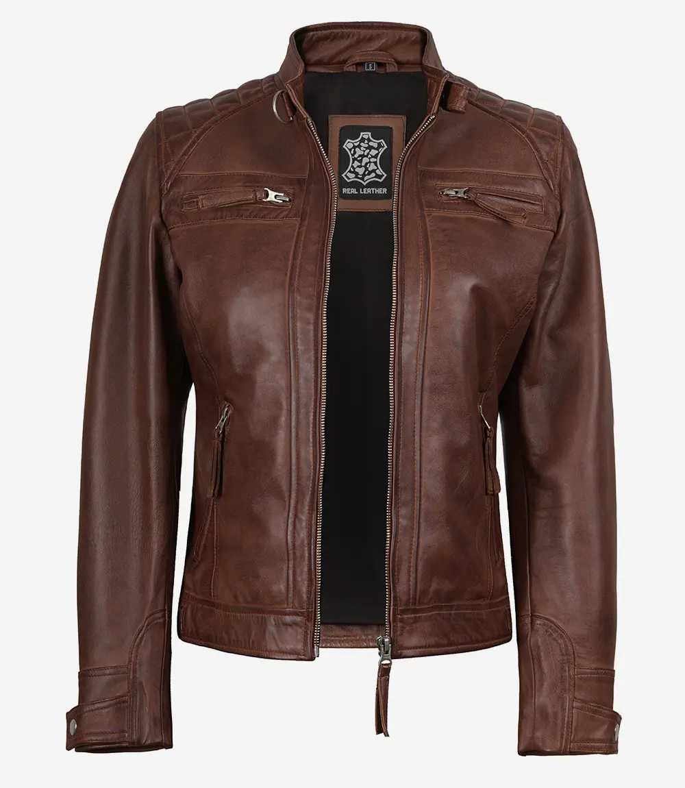 Johnson Women Cognac Quilted Cafe Racer Leather Jacket - Image 6