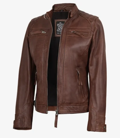 Johnson Women Cognac Quilted Cafe Racer Leather Jacket