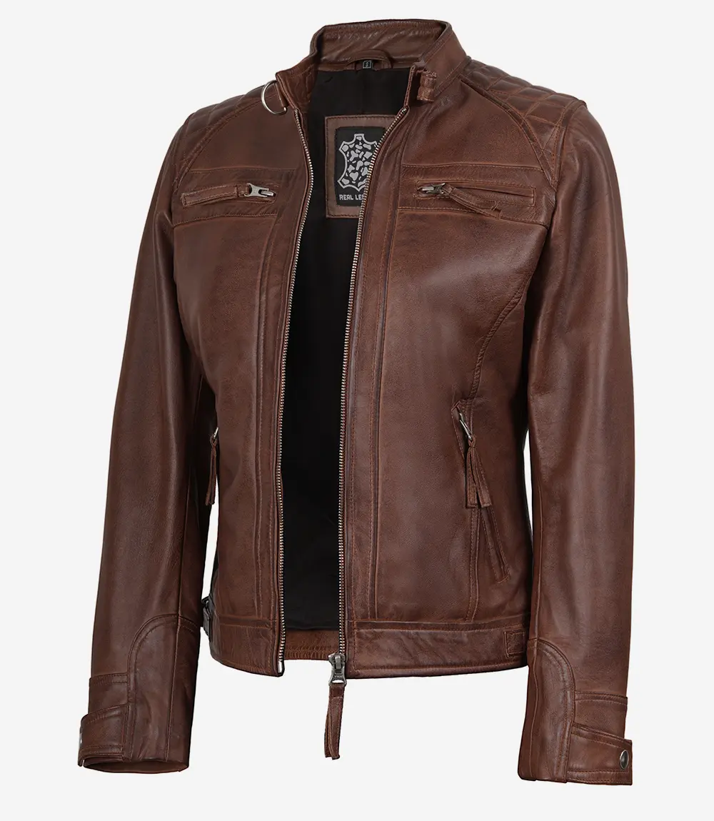 Johnson Women Cognac Quilted Cafe Racer Leather Jacket
