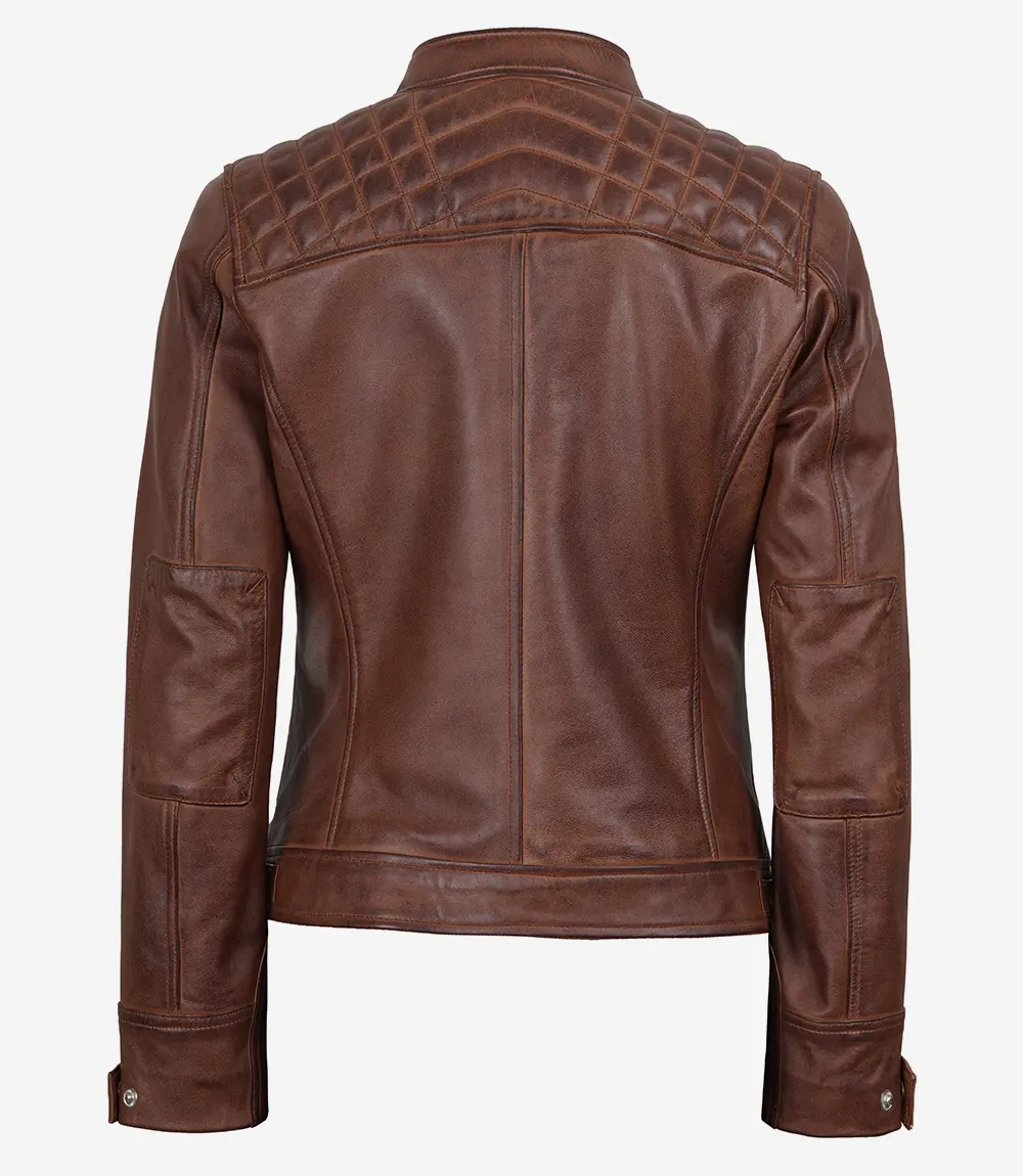 Johnson Women Cognac Quilted Cafe Racer Leather Jacket - Image 5
