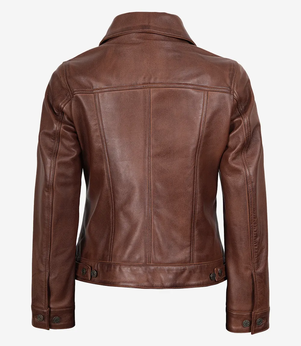 Fernando Women's Cognac Brown Trucker Leather Jacket - Image 3