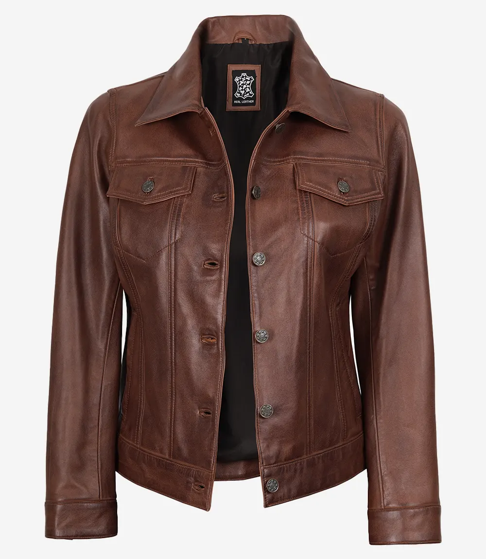 Fernando Women's Cognac Brown Trucker Leather Jacket - Image 4
