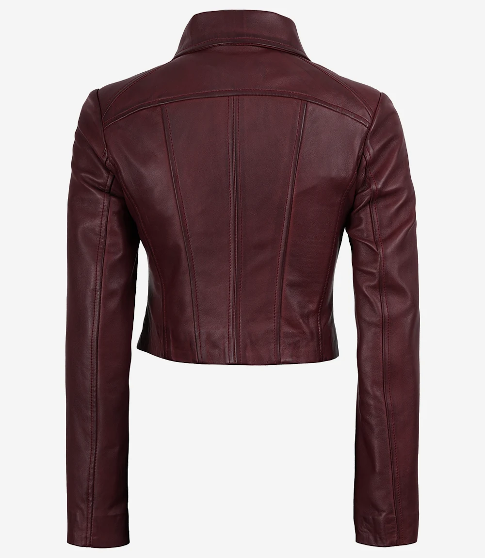 Women's Burgundy Wax Cropped Harrington Leather Jacket - Image 3