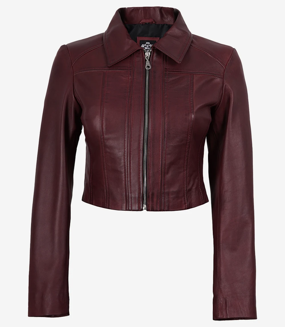 Women's Burgundy Wax Cropped Harrington Leather Jacket - Image 4