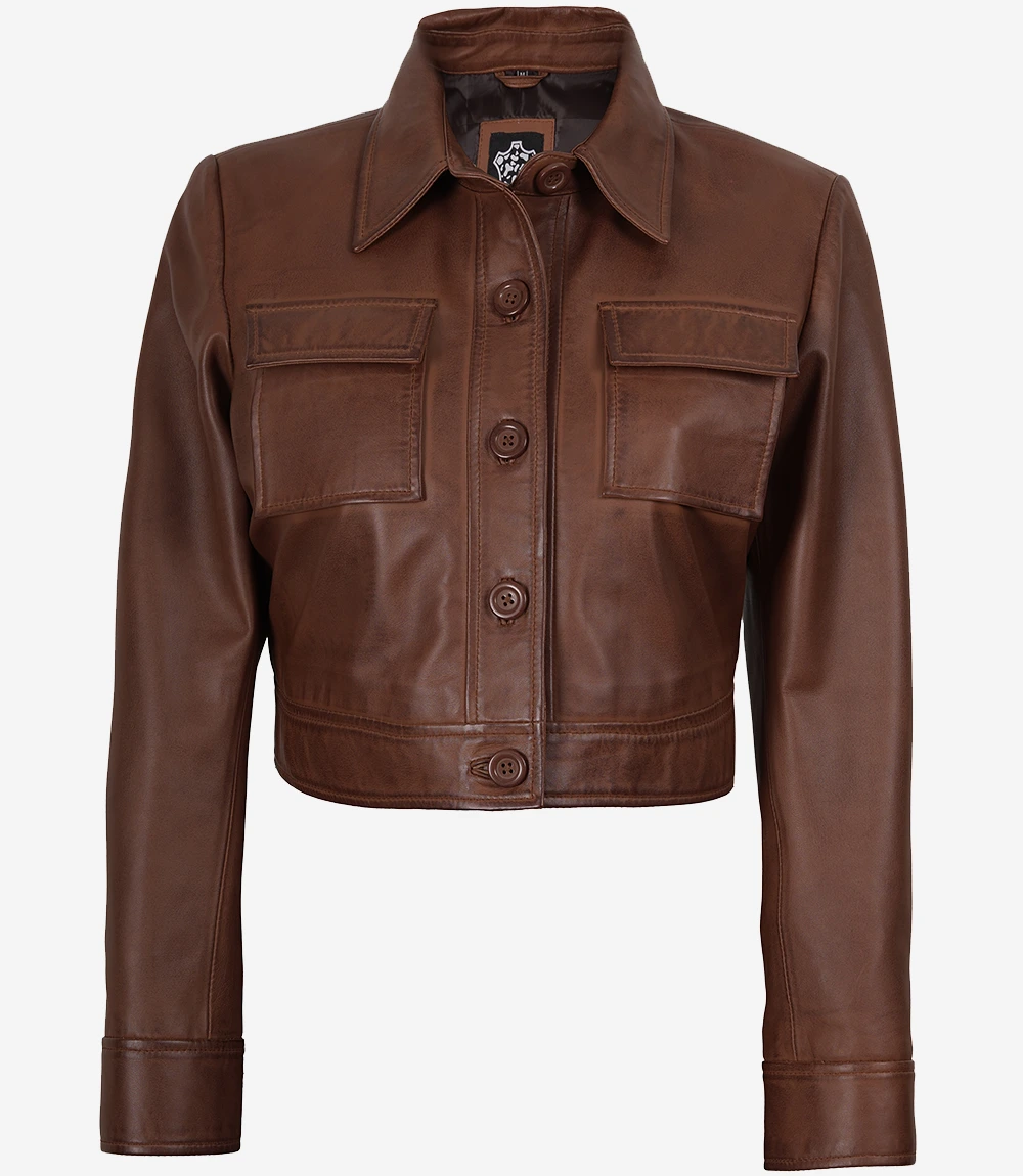 Freddie Women’s Cognac Brown Cropped Shirt Collar Leather Jacket - Image 3