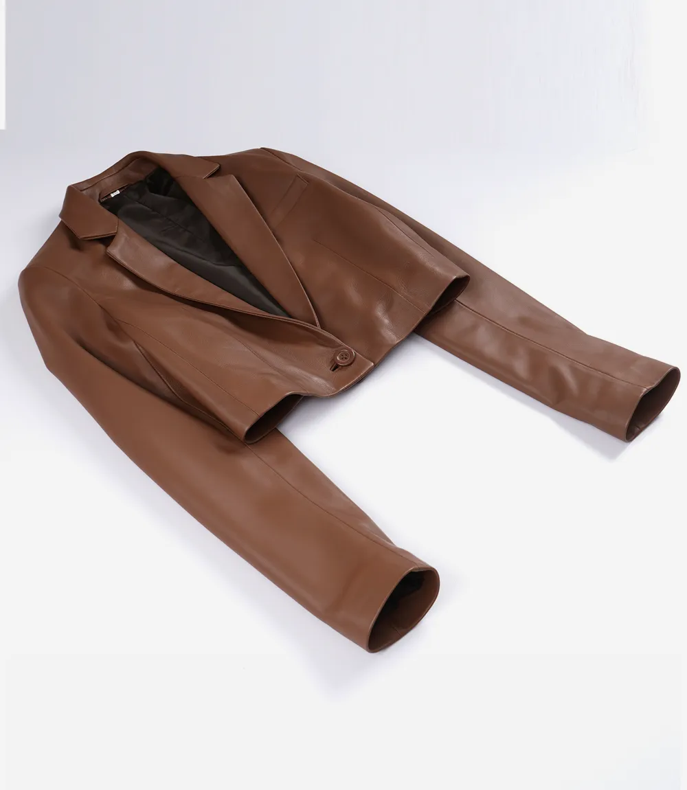 Women's Cognac Brown Single Button Cropped Leather Blazer - Image 5