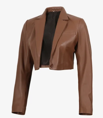 Women's Cognac Brown Single Button Cropped Leather Blazer