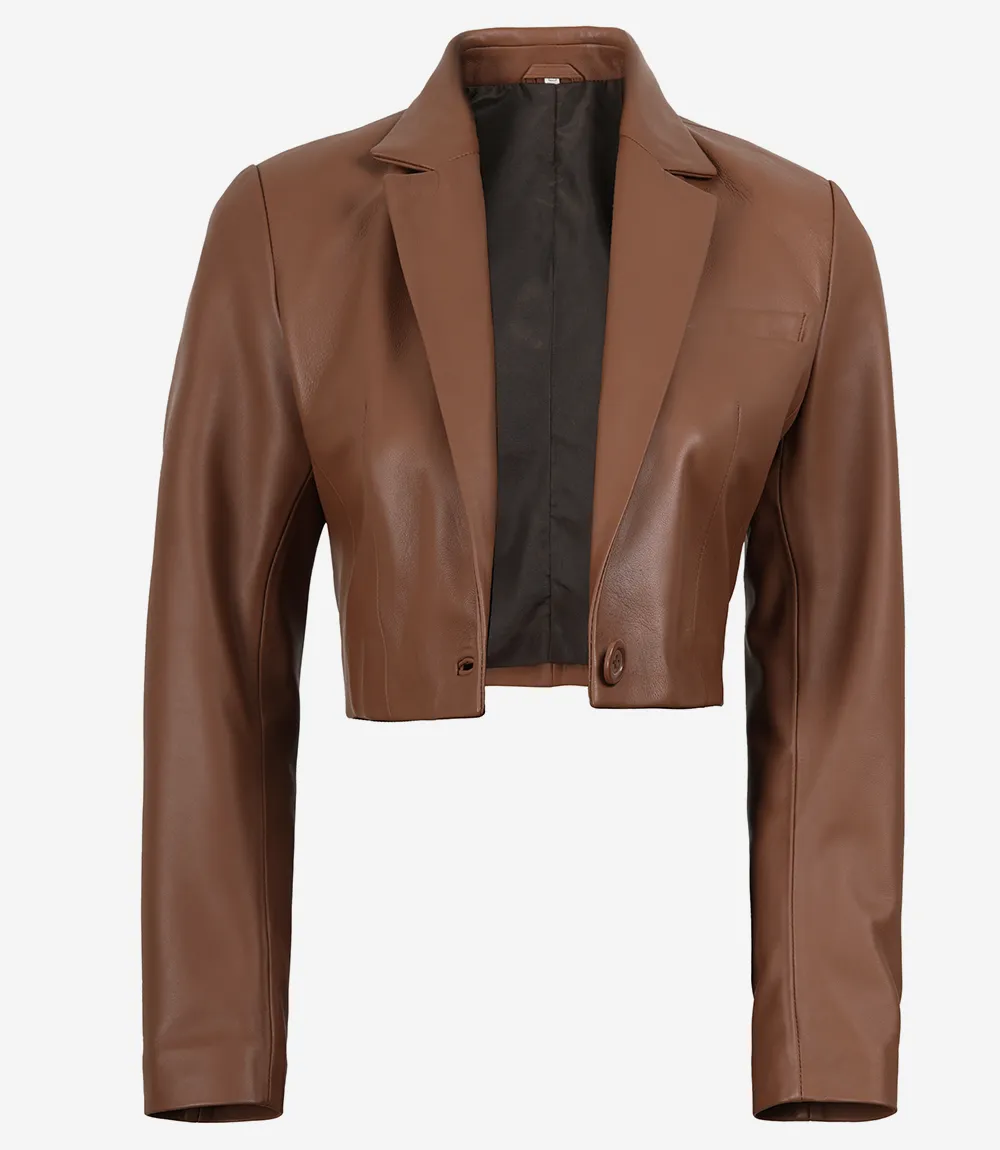 Women's Cognac Brown Single Button Cropped Leather Blazer - Image 4