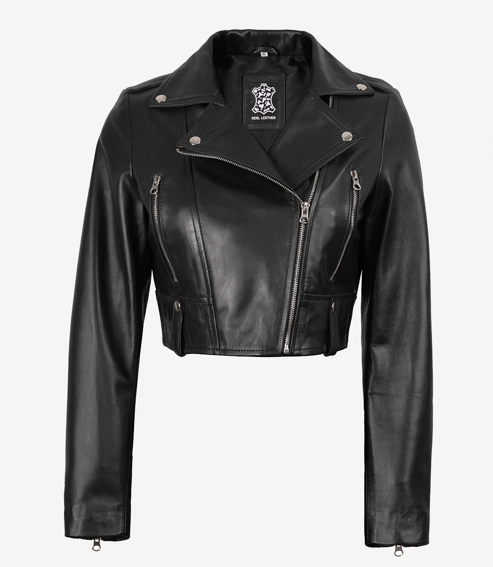Women's Black Cropped Lambskin Leather Biker Jacket — Asymmetric Zip - Image 5