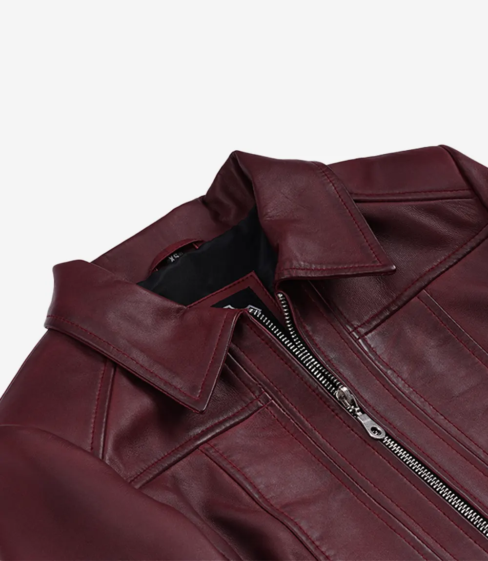 Women's Burgundy Wax Cropped Harrington Leather Jacket - Image 5