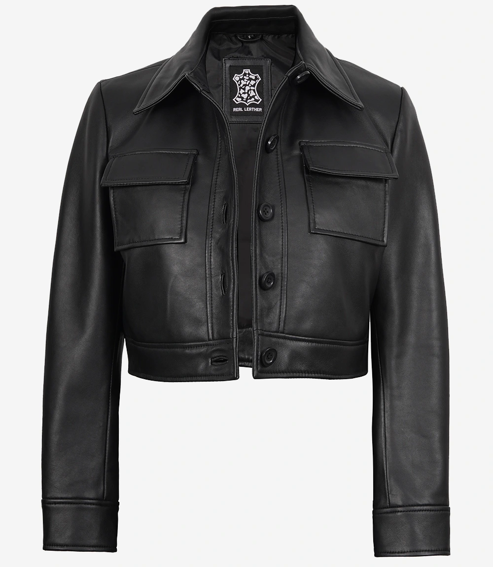 Freddie Women’s Black Harrington Cropped Leather Jacket - Image 3