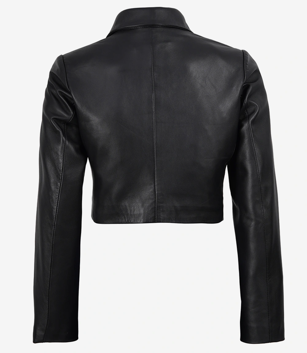 Women's Black Cropped Double Breasted Lambskin Leather Jacket - Image 4