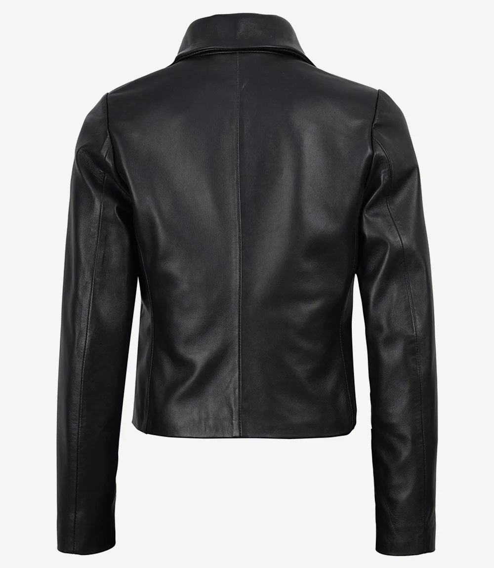 Women's Black Two Button Leather Cropped Jacket - Short Blazer Style - Image 3