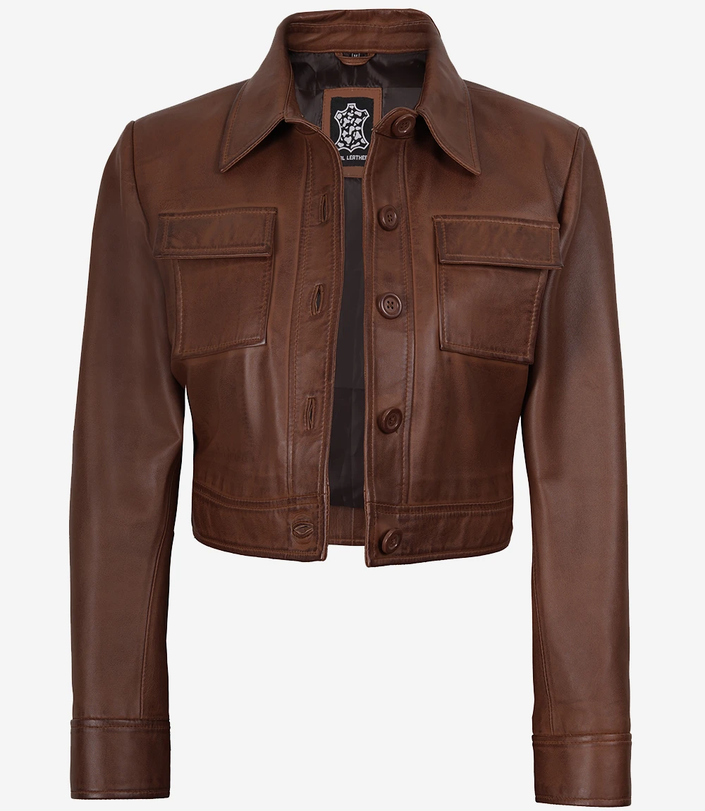 Freddie Women’s Cognac Brown Cropped Shirt Collar Leather Jacket - Image 4