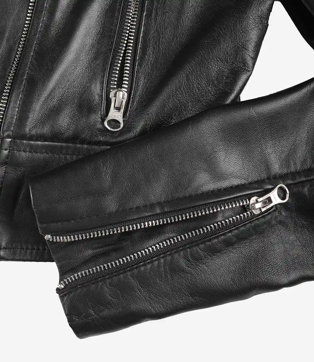 Women's Black Cropped Lambskin Leather Biker Jacket — Asymmetric Zip - Image 6