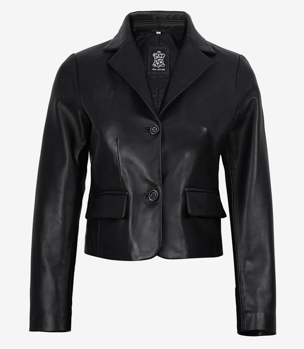 Women's Black Two Button Leather Cropped Jacket - Short Blazer Style - Image 4