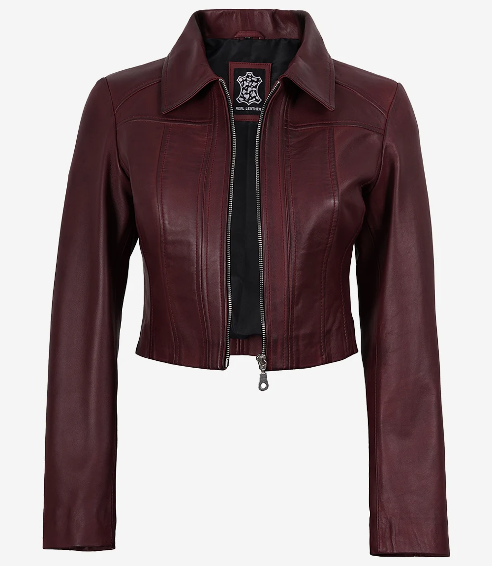 Women's Burgundy Wax Cropped Harrington Leather Jacket - Image 6