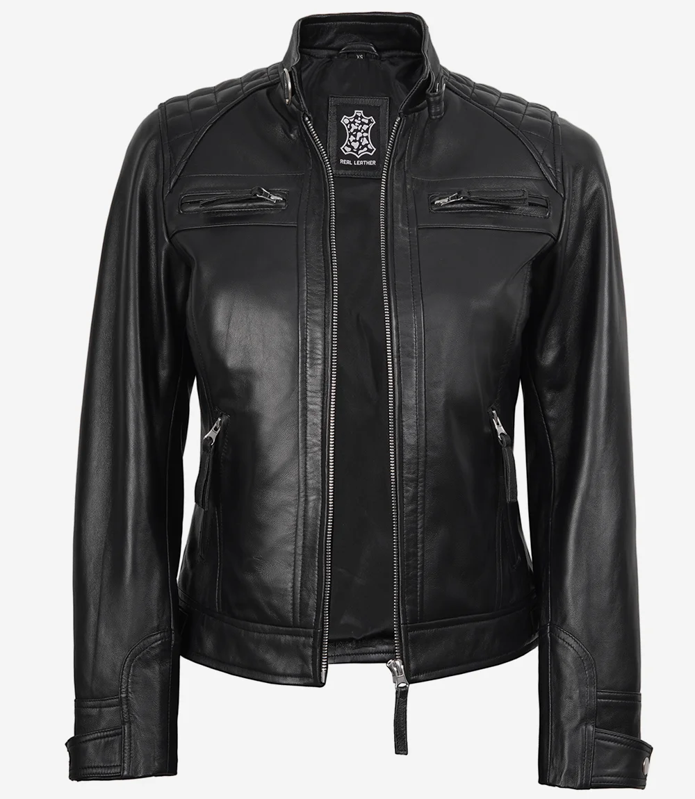 Women Black Quilted Cafe Racer Leather Jacket - Image 2