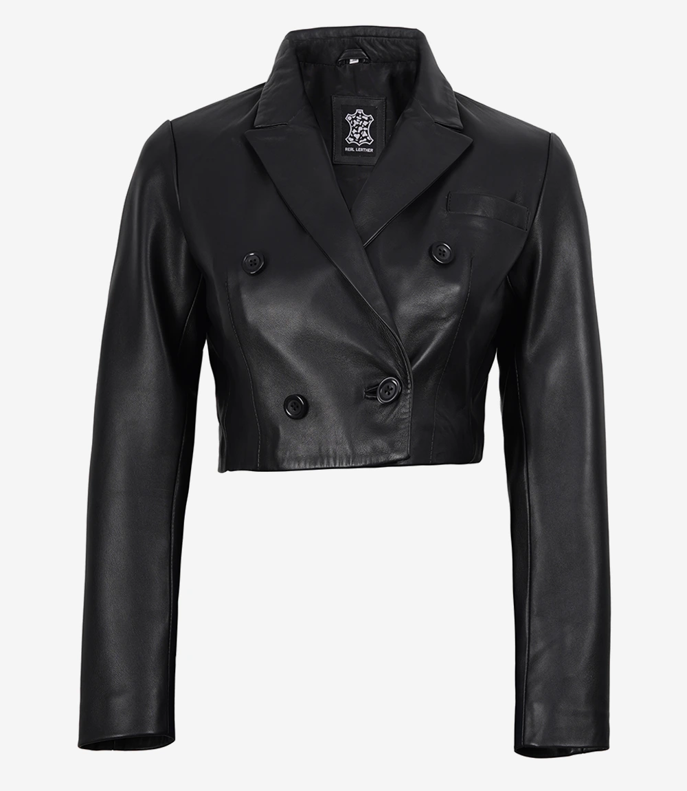 Women's Black Cropped Double Breasted Lambskin Leather Jacket - Image 5