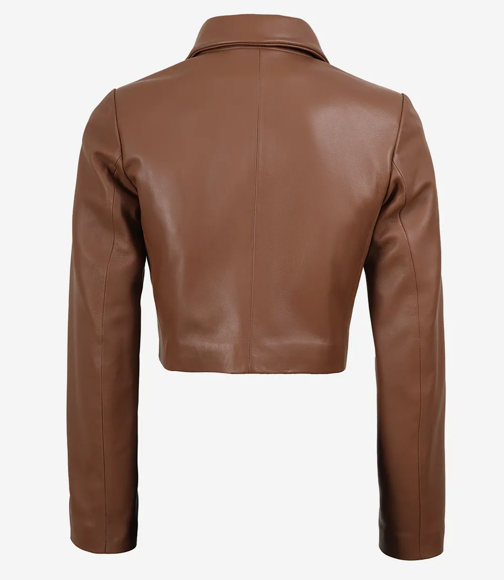 Women's Cognac Brown Single Button Cropped Leather Blazer - Image 3