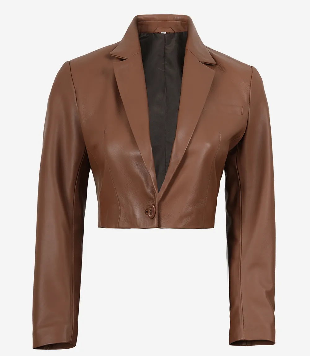 Women's Cognac Brown Single Button Cropped Leather Blazer - Image 2