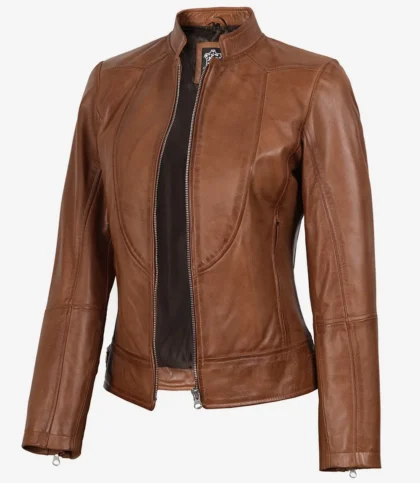 Women's Tan Brown Lambskin Leather Cafe Racer Jacket