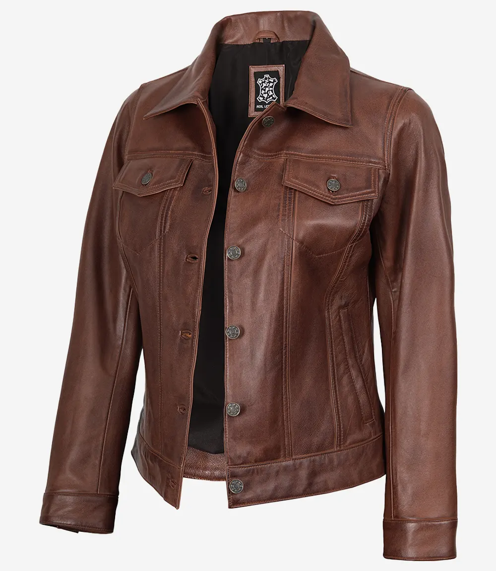 Fernando Womens Cognac Brown Trucker Leather Jacket