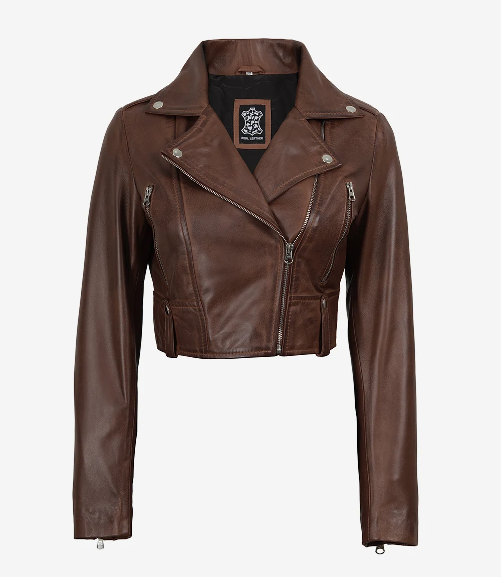 Women's Cropped Cognac Wax Moto Leather Jacket - Image 5