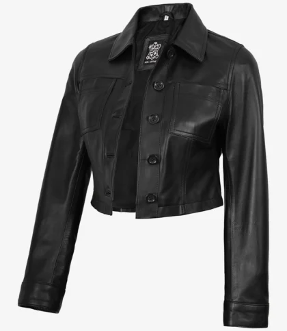 Mable Women's Black Cropped Harrington Leather Jacket