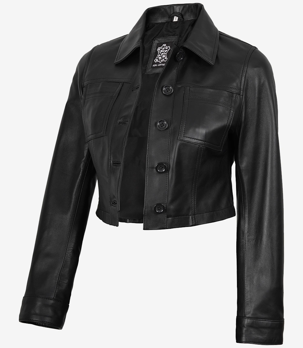 Mable Women's Black Cropped Harrington Leather Jacket