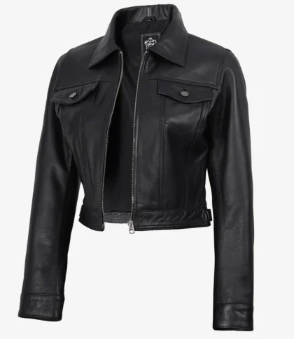 Women's Black Lambskin Leather Cropped Harrington Jacket