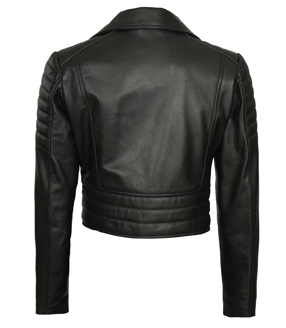Women's Asymmetrical Black Cropped Leather Moto Jacket - Image 4