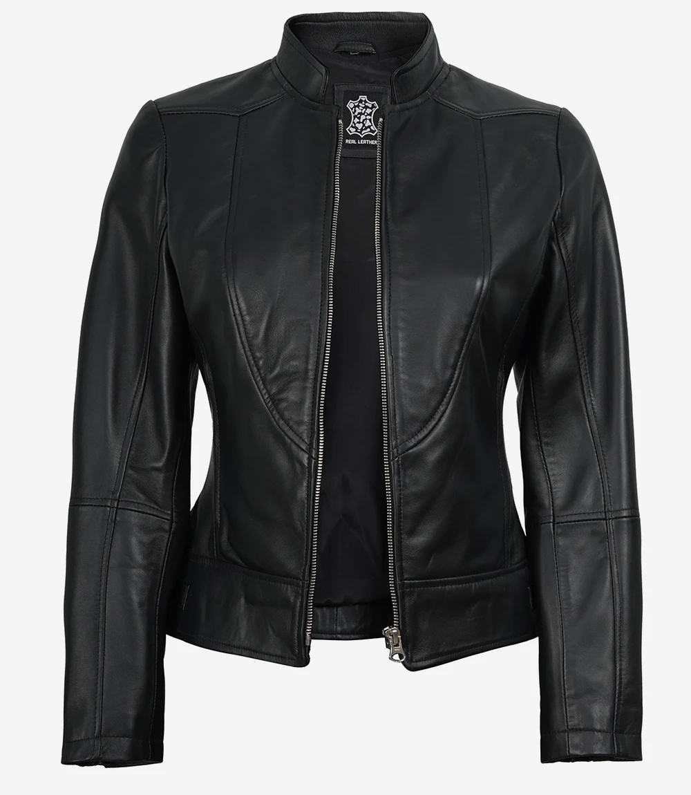 Women's Black Cafe Racer Leather Jacket - Image 3